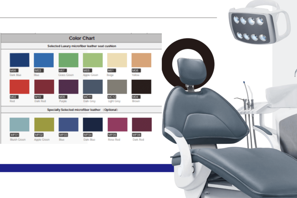 Siege du fauteuil dentaire M 200 Luxury avec une palette contenant le choix du coloris