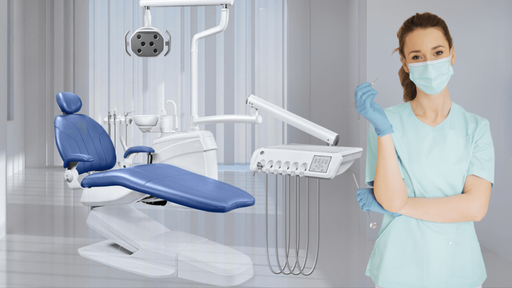 Femme dentiste dans son cabinet dentaire satisfaite de l'achat de son nouveau fauteuil SL 8700