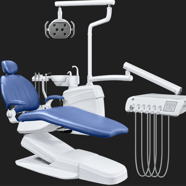 Fauteuil dentaire DENTELITE Pro du modèle SL 8700 de couleur bleu et sur un fond noir vu de près